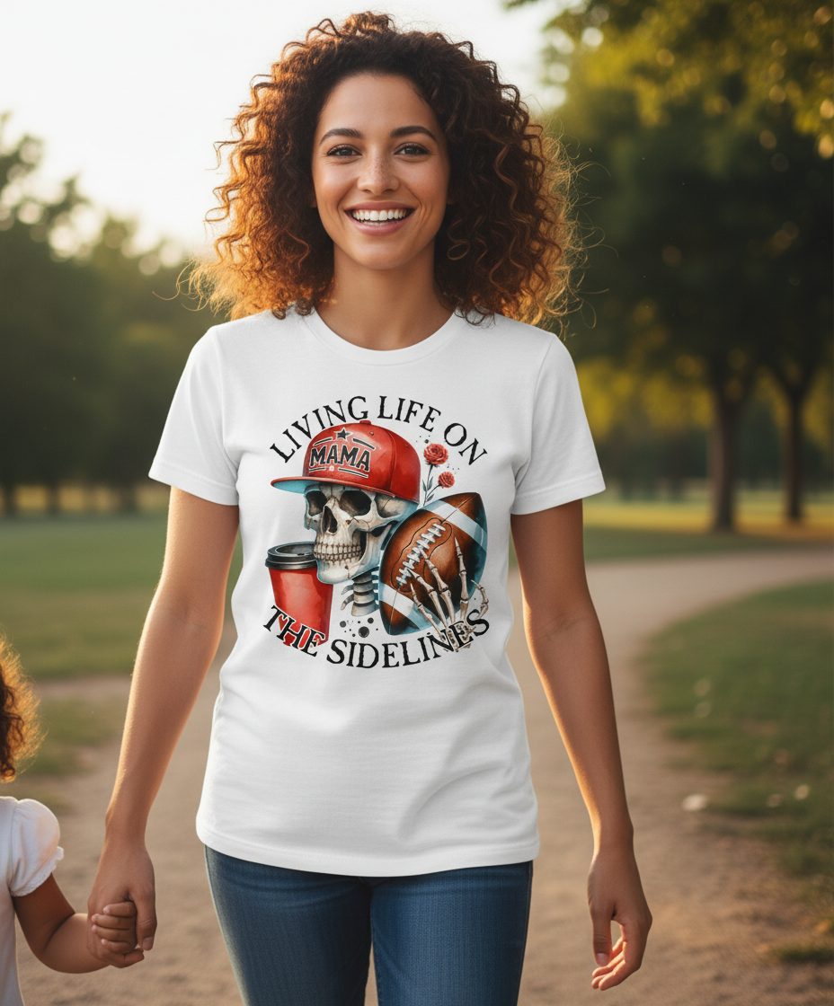 Living Life on the Sidelines football mama T-Shirt White lifestyle mockup