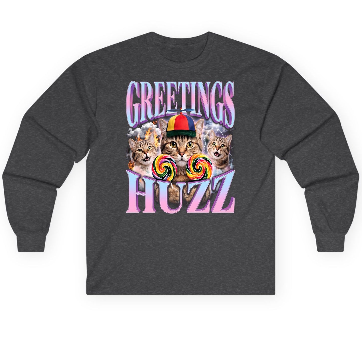 Greetings Huzz Funny Cats Long Sleeve Tee - product mockup - Dark Heather