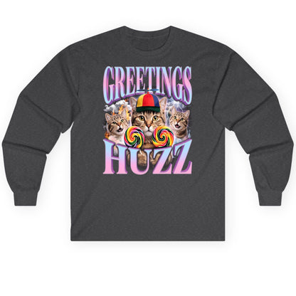 Greetings Huzz Funny Cats Long Sleeve Tee - product mockup - Dark Heather