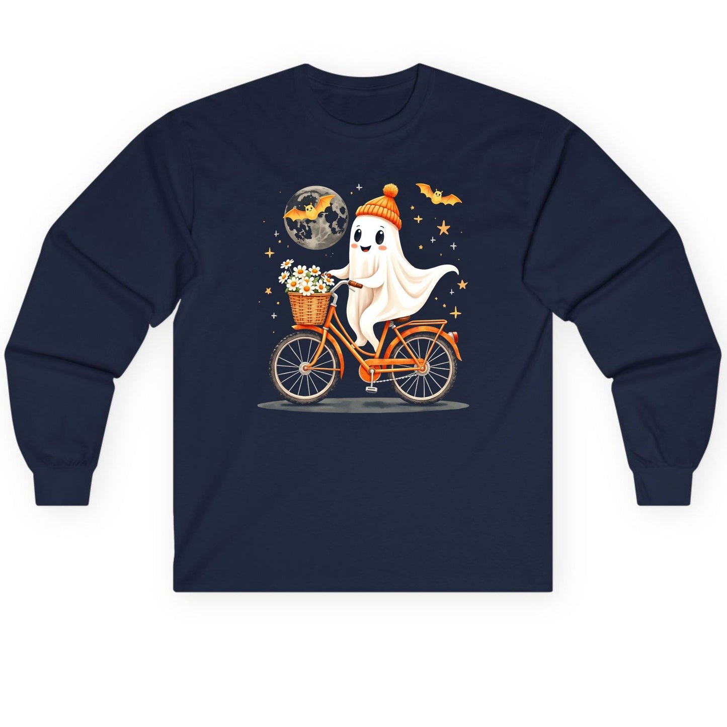 Cute Ghost on Bicycle cute ghost Long Sleeve Tee Navy product mockup
