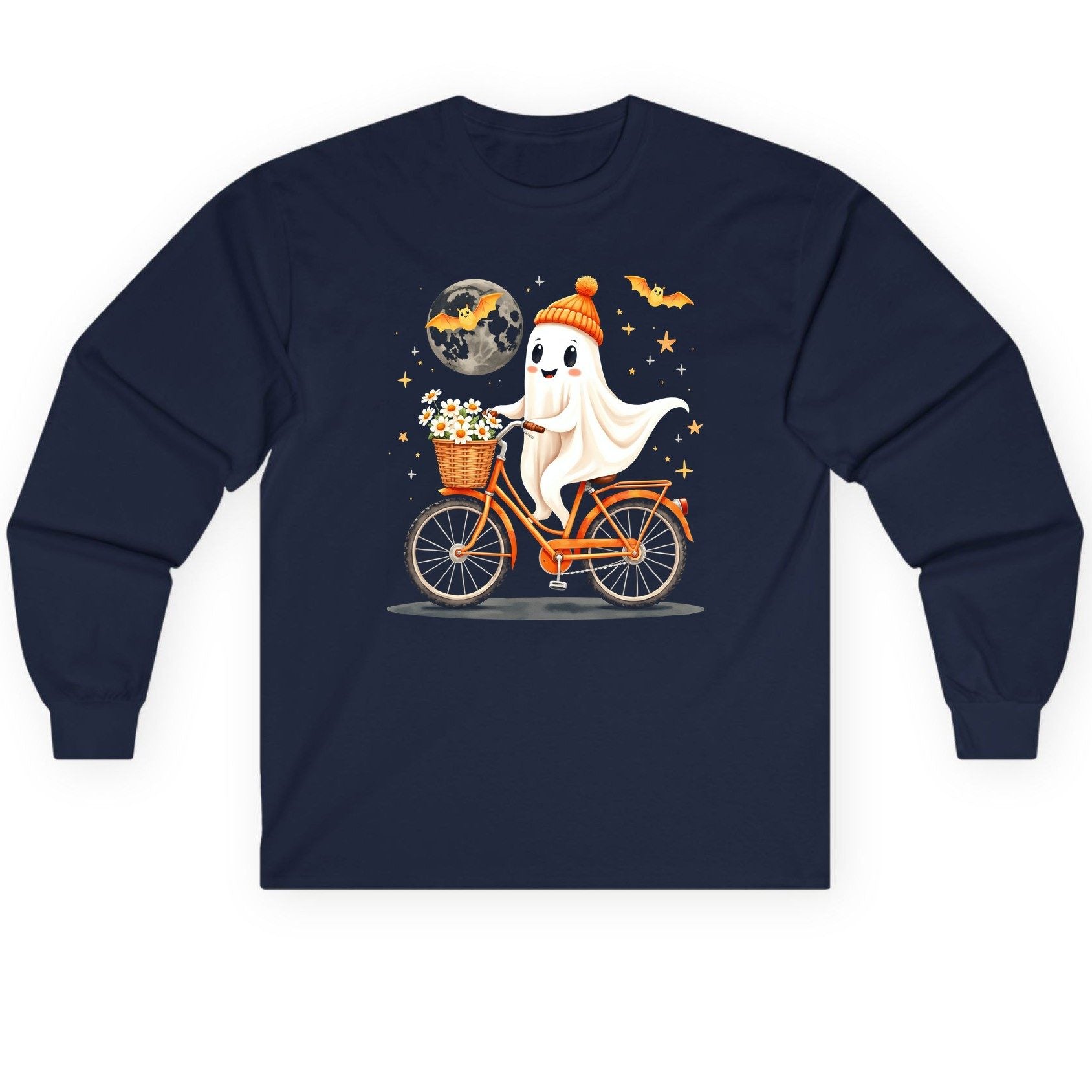Cute Ghost on Bicycle cute ghost Long Sleeve Tee Navy product mockup