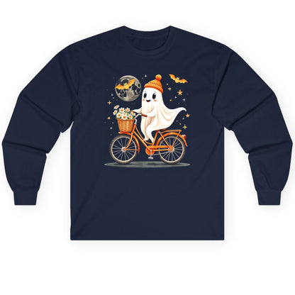 Cute Ghost on Bicycle cute ghost Long Sleeve Tee Navy product mockup
