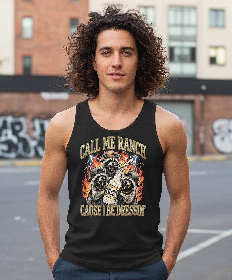 Call Me Ranch Cause I Be Dressin' raccoons Tank Top Black lifestyle mockup