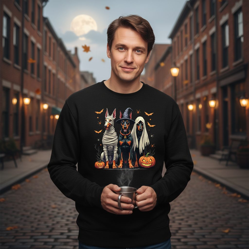 Halloween Doberman Trio doberman pinscher Sweatshirt Black lifestyle mockup