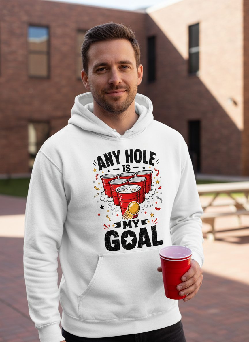 Any Hole Is My Goal Funny Beer Pong Hoodie - lifestyle model mockup - White