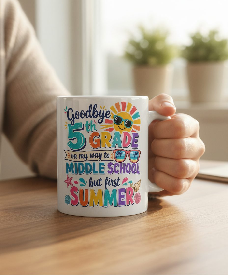 Goodbye 5th GRADE on My Way to MIDDLE SCHOOL but First White Mug - lifestyle model mockup - White