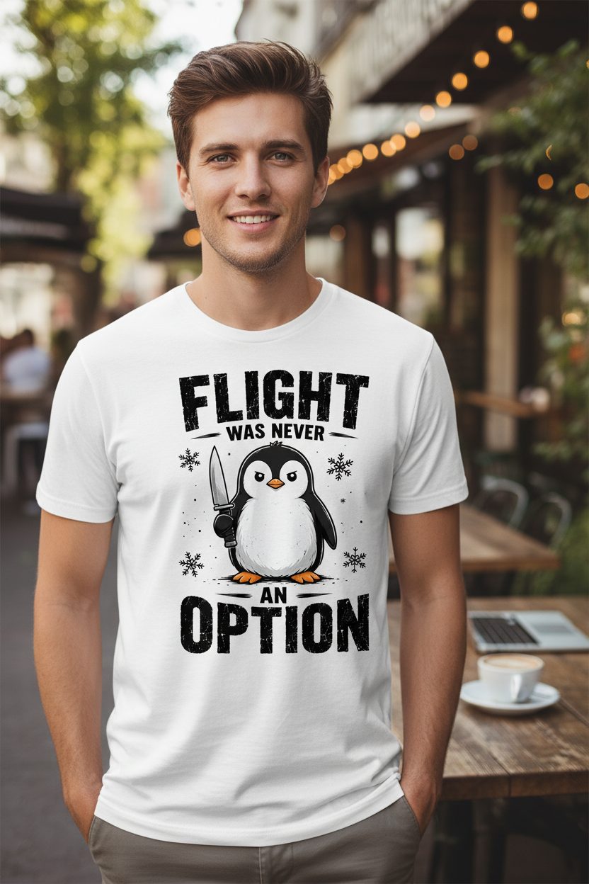 Flight Was Never an Option Funny Penguin T-Shirt - lifestyle model mockup - White