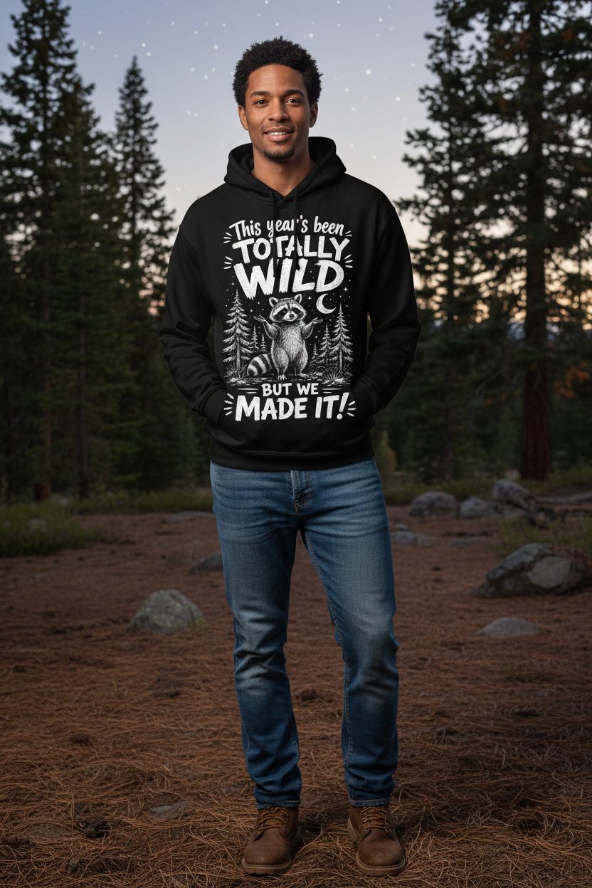 Totally Wild Year Raccoon Funny People a Sense of Humor Hoodie - lifestyle model mockup - Black