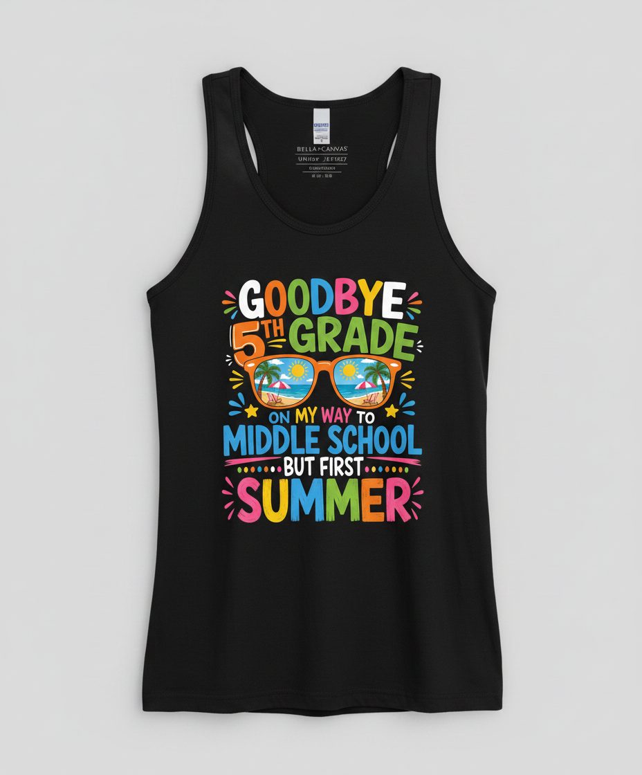 Goodbye 5th Grade on My Way to Middle School but First Summer Tank Top - product mockup - Black