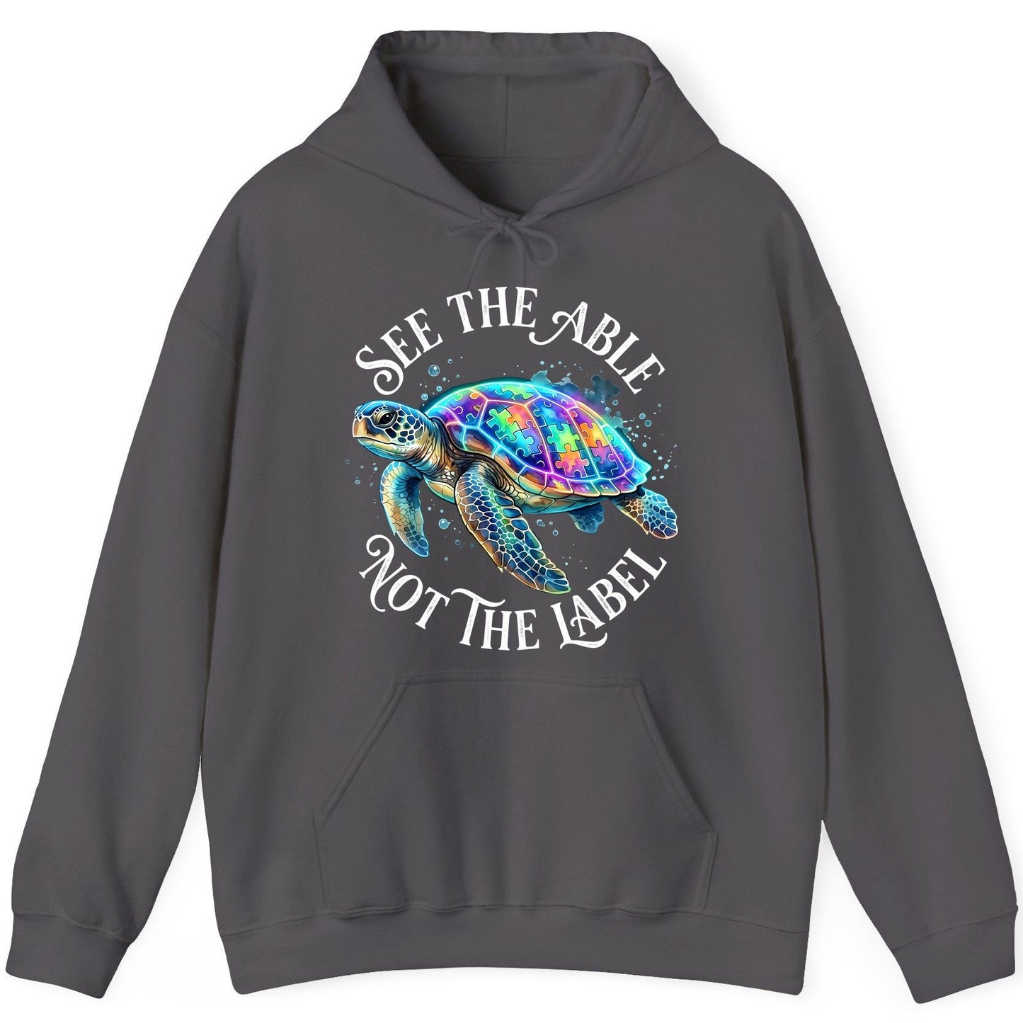 See the Able Not the Label Autism Awareness Hoodie - product mockup - Charcoal