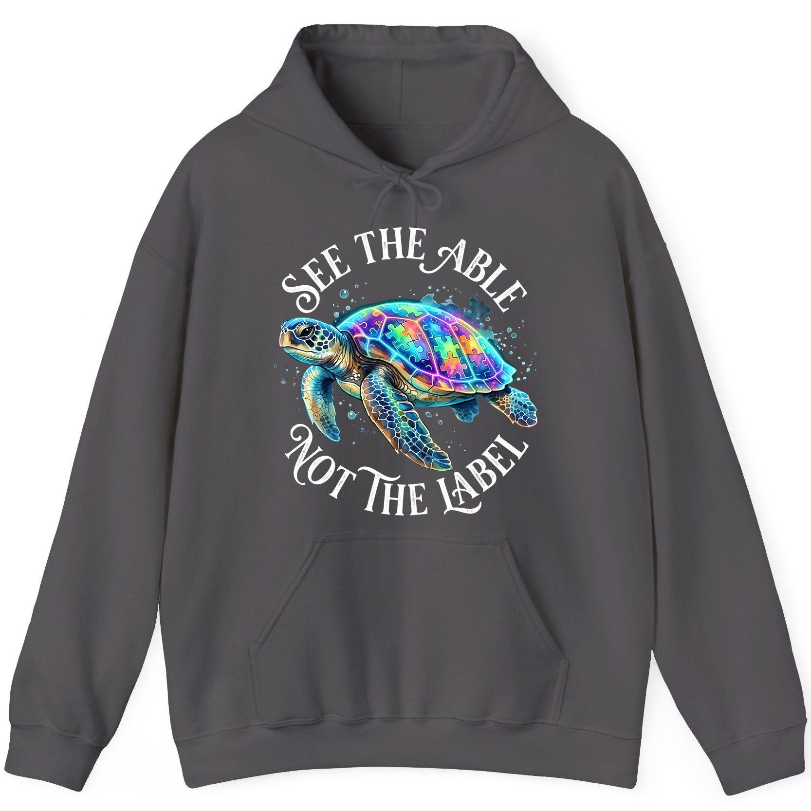 See the Able Not the Label Autism Awareness Hoodie - product mockup - Charcoal