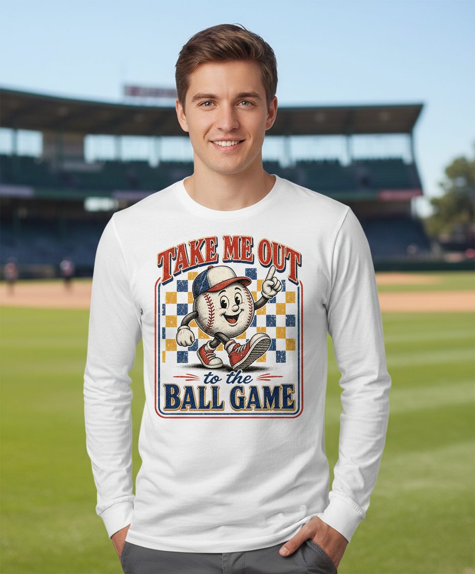 Take Me Out to the Ball Game Retro Baseball Long Sleeve Tee - lifestyle model mockup - White