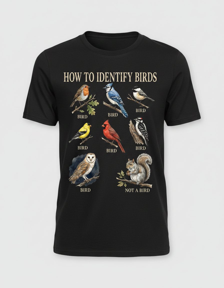 How to Identify Birds Funny Birdwatching T-Shirt - product mockup - Black