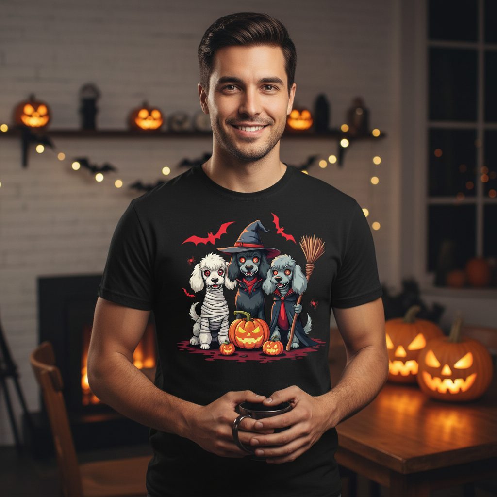 Spooky Poodle Trio Halloween dogs T-Shirt Black lifestyle mockup