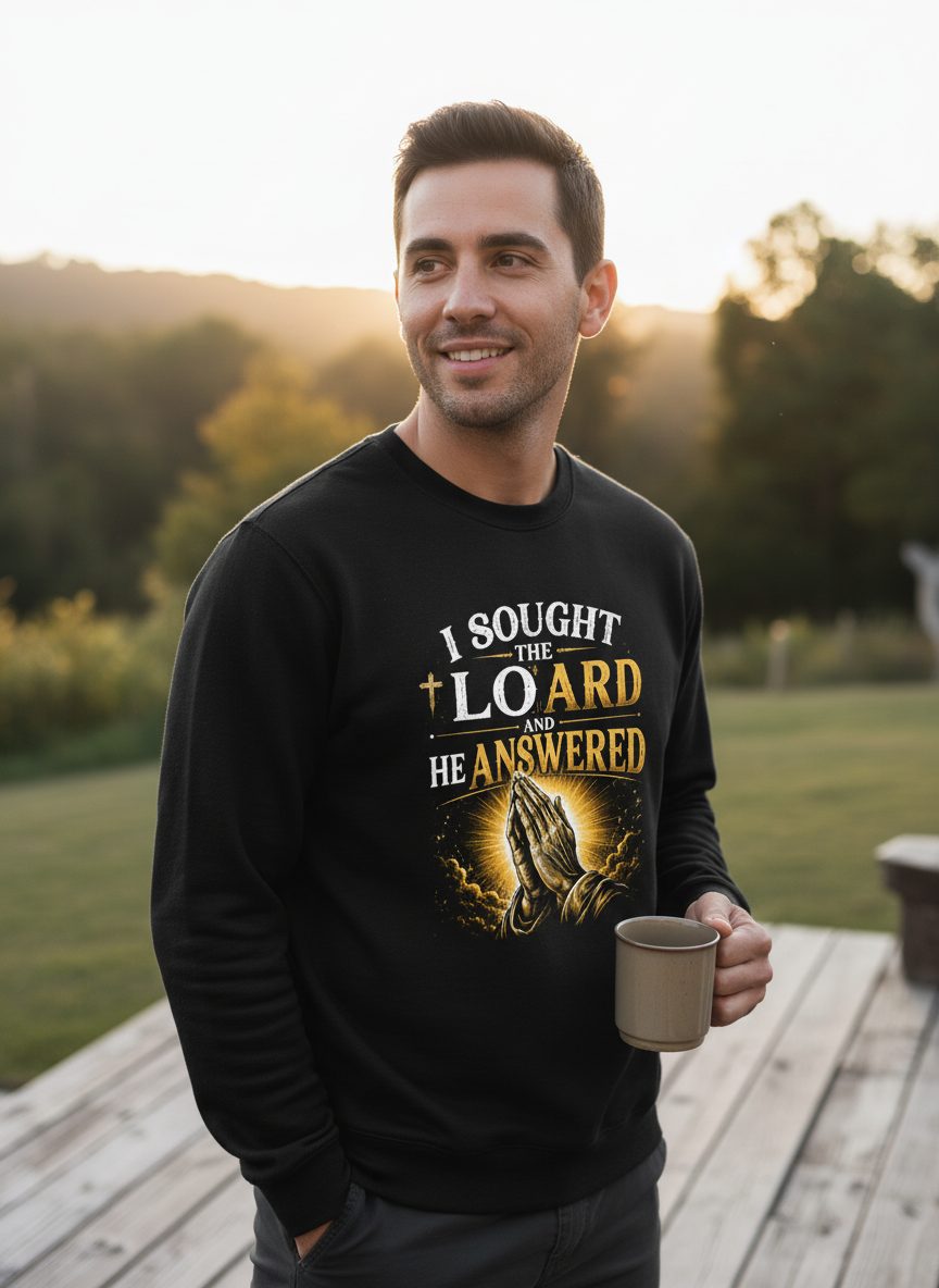 I Sought the Lord and He Heard and He Answered Christian Sweatshirt - lifestyle model mockup - Black
