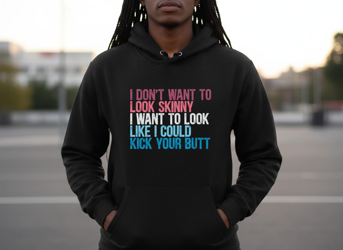 I Don't Want to Look Skinny I Want to Look Like I Could Kick Your Butt fitness and empowerment Hoodie Black lifestyle mockup
