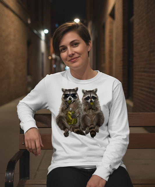 Raccoons Eating Pickles Funny Animal Lovers Long Sleeve Tee - lifestyle model mockup - White