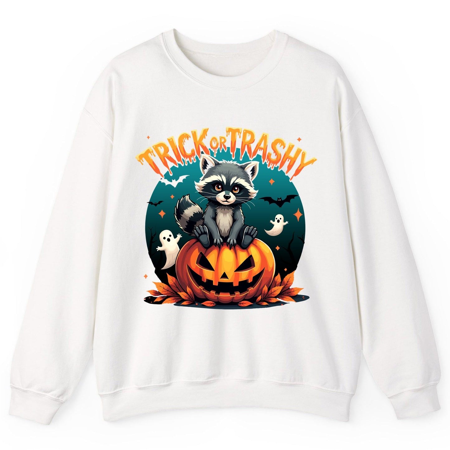 Trick or Trashy Halloween raccoon Sweatshirt White product mockup