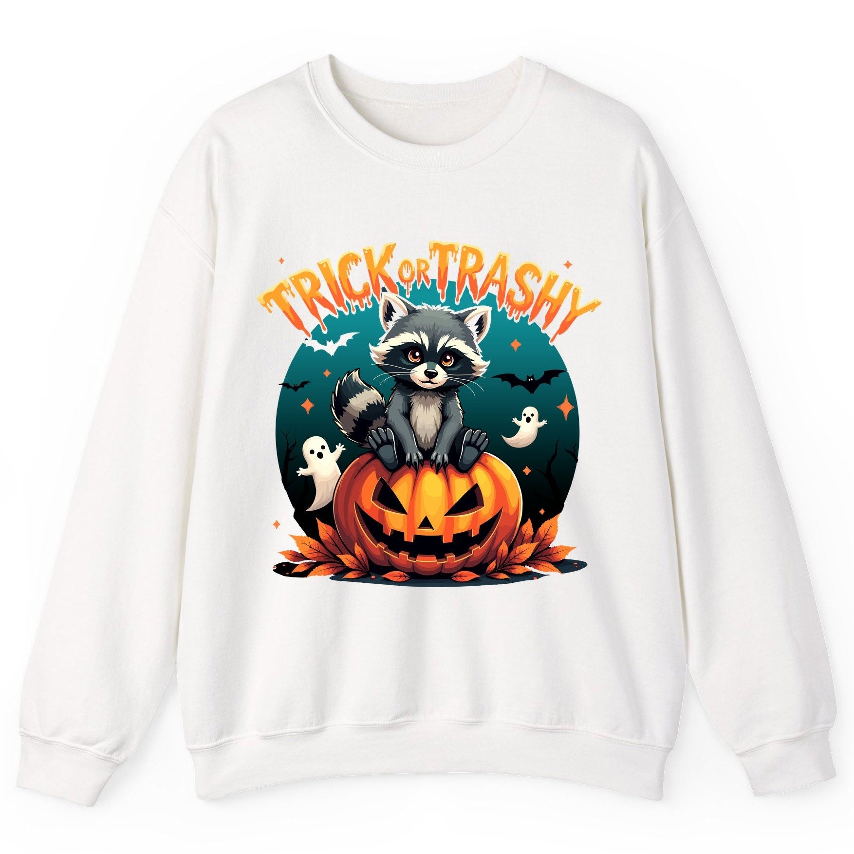 Trick or Trashy Halloween raccoon Sweatshirt White product mockup