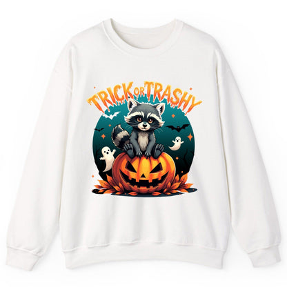 Trick or Trashy Halloween raccoon Sweatshirt White product mockup