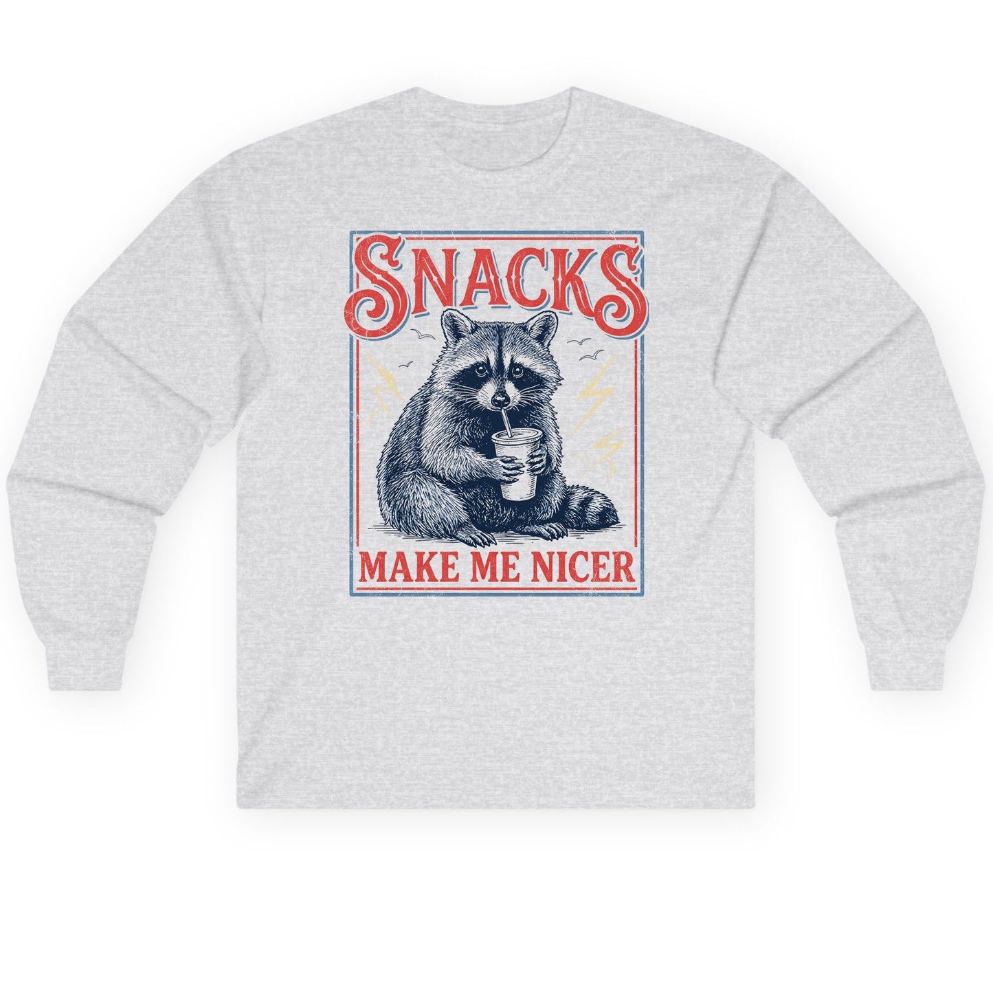 SNACKS MAKE ME NICER Funny Raccoon Long Sleeve Tee - product mockup - Ash