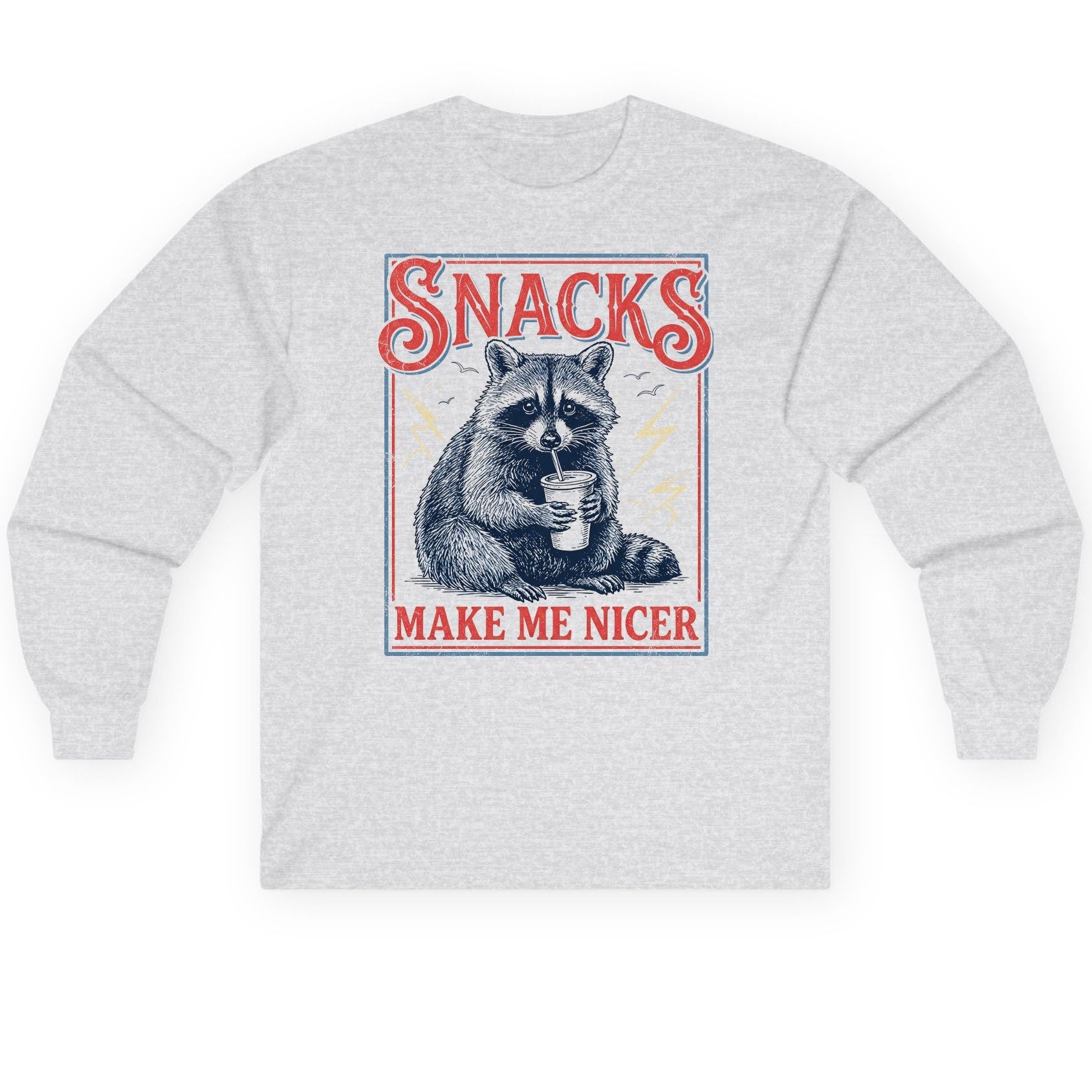 SNACKS MAKE ME NICER Funny Raccoon Long Sleeve Tee - product mockup - Ash
