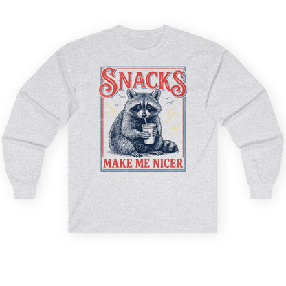 SNACKS MAKE ME NICER Funny Raccoon Long Sleeve Tee - product mockup - Ash