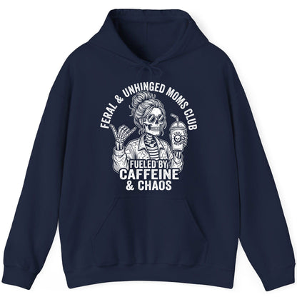 FERAL & Unhinged MOMS CLUB FUELED BY Caffeine & CHAOS Hoodie - product mockup - Navy