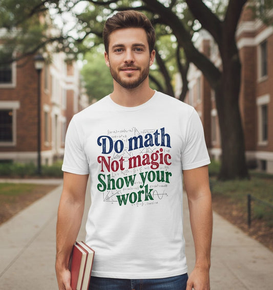 Do Math Not Magic Show Your Work Funny Teachers T-Shirt - lifestyle model mockup - White