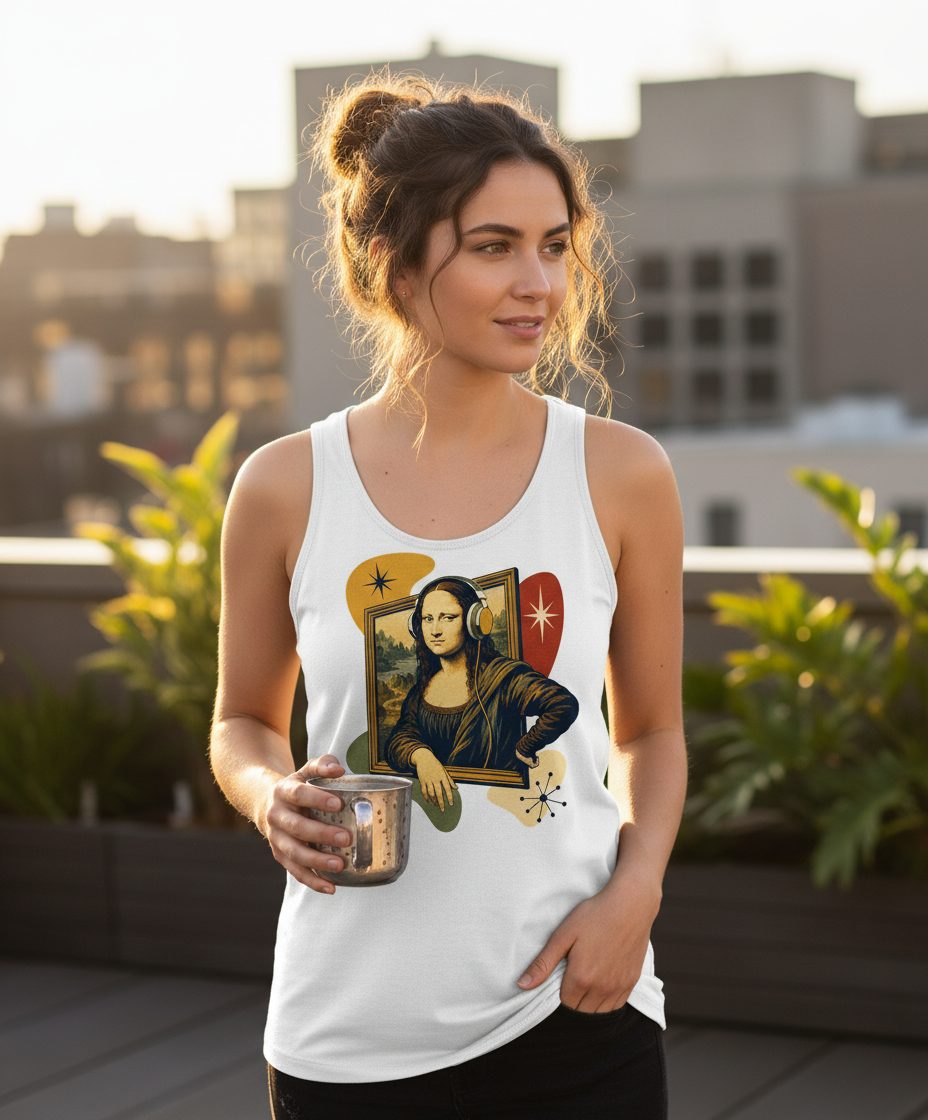 Mona Lisa Listening Retro Art Funny Parody Tank Top - lifestyle model mockup - White