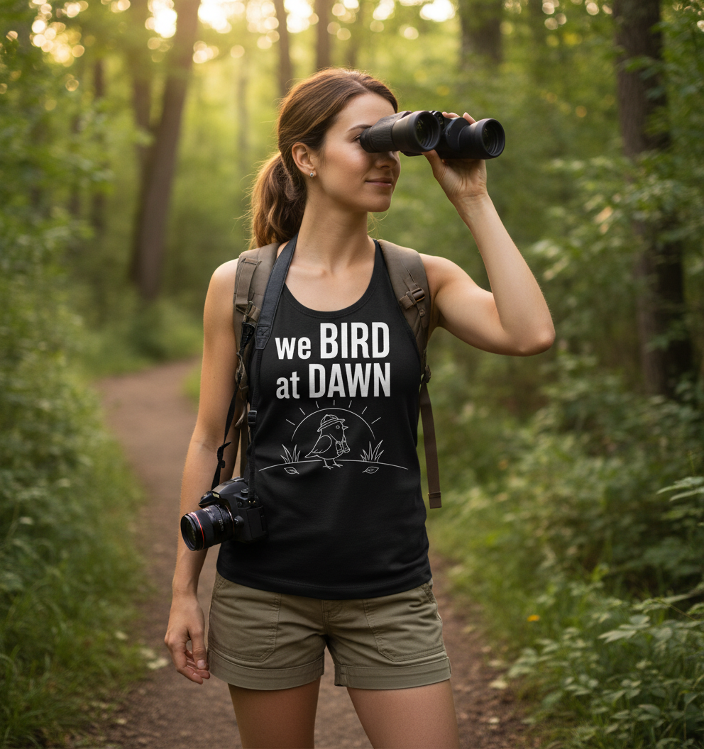 Funny We Bird at Dawn Birdwatching Tank Top - lifestyle model mockup - Black