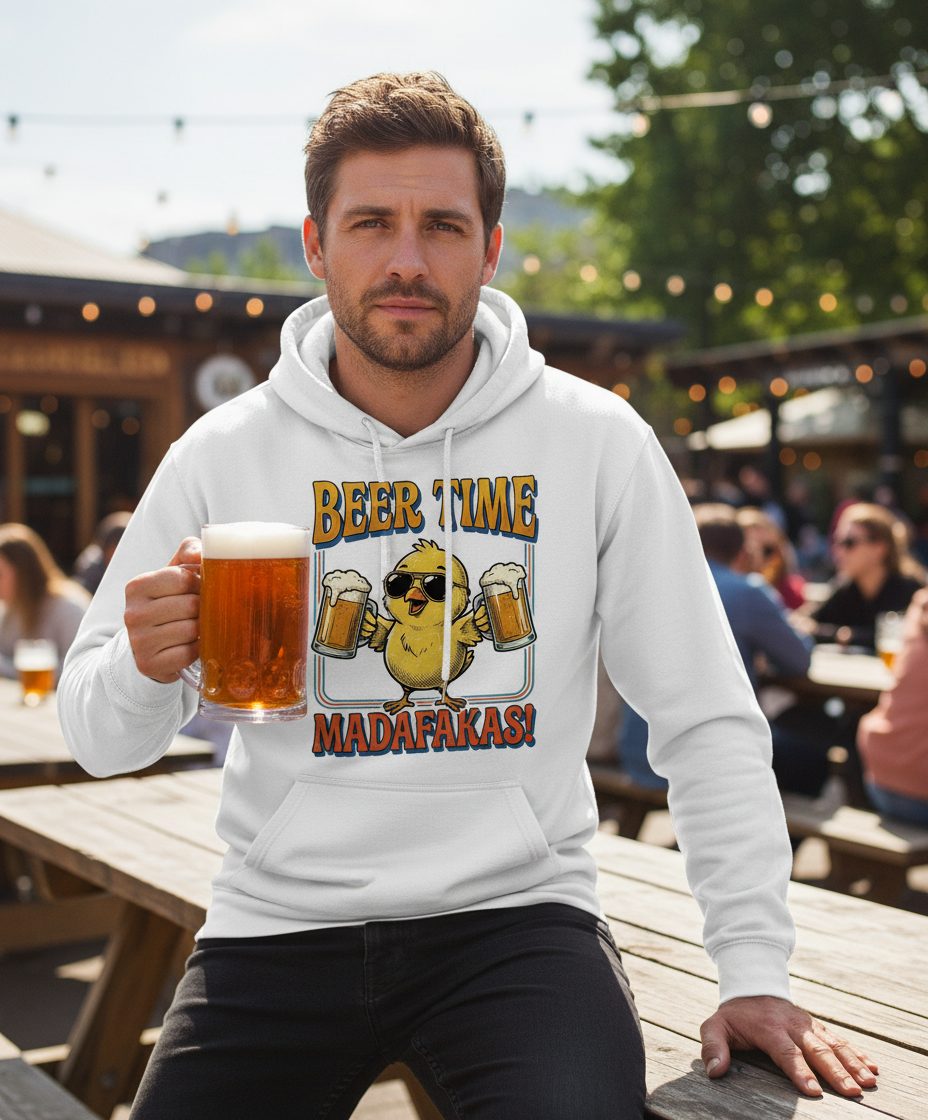 Funny Chick drinking beer Chick Hoodie - lifestyle model mockup - White