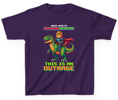 THIS IS AN OUTRAGE Cat riding a dinosaur Youth T-Shirt Purple product mockup