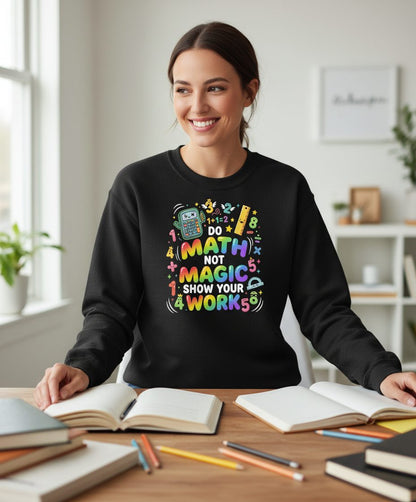 DO MATH NOT MAGIC SHOW YOUR WORK Teachers Sweatshirt - lifestyle model mockup - Black
