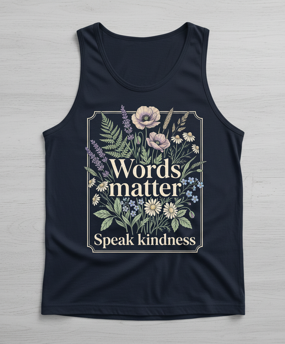 Words Matter Speak Kindness Botanical Floral Illustration Tank Top - Navy