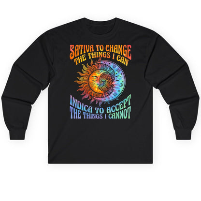 SATIVA TO CHANGE THE THINGS I CAN INDICA TO ACCEPT Long Sleeve Tee - product mockup - Black
