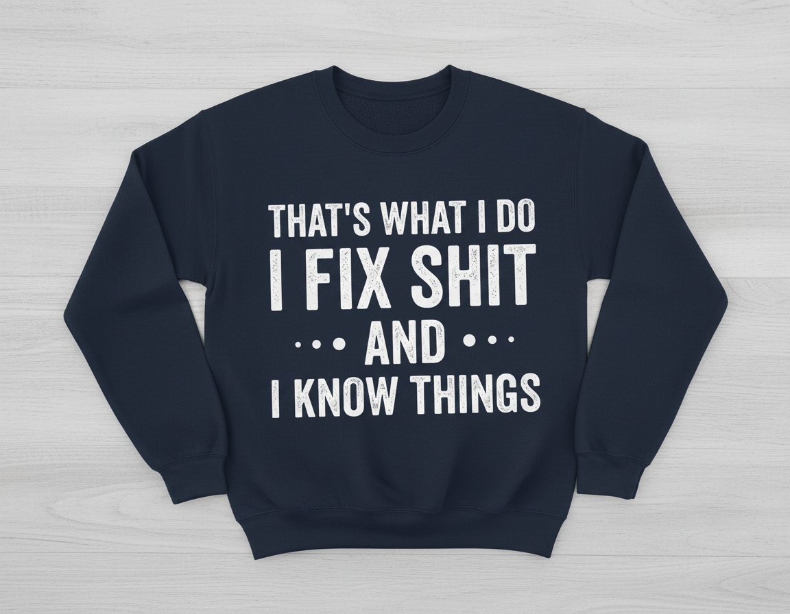 THAT'S WHAT I DO I FIX SHIT AND I KNOW THINGS Sweatshirt - product mockup - Navy