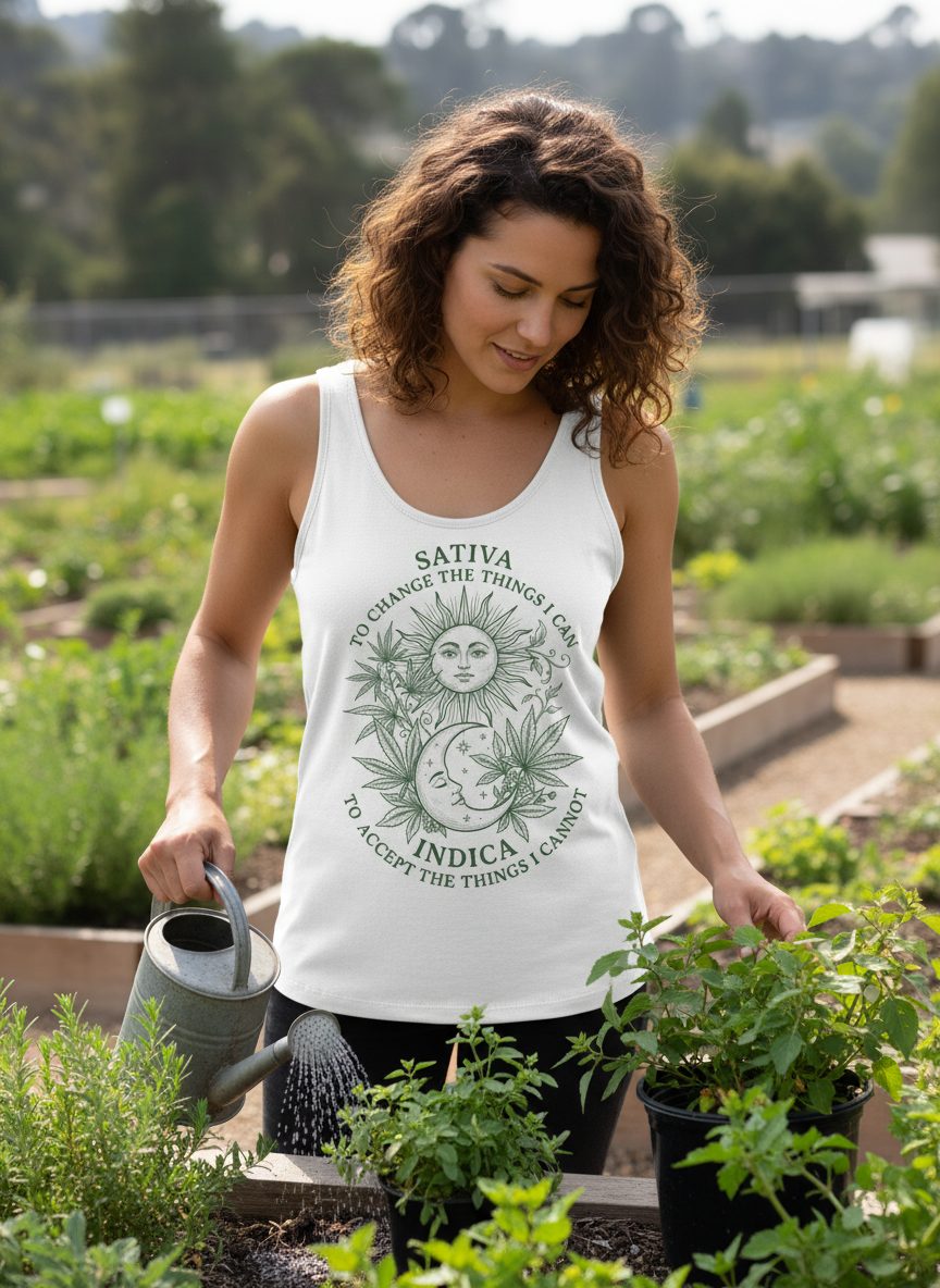 SATIVA TO CHANGE THE THINGS I CAN INDICA TO ACCEPT THE THINGS Tank Top - lifestyle model mockup - White