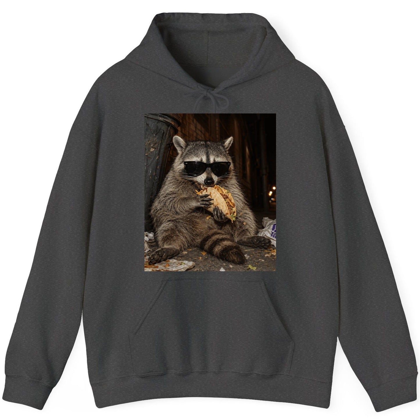 Raccoon Eating Taco Funny Animal Lovers Hoodie - product mockup - Dark Heather