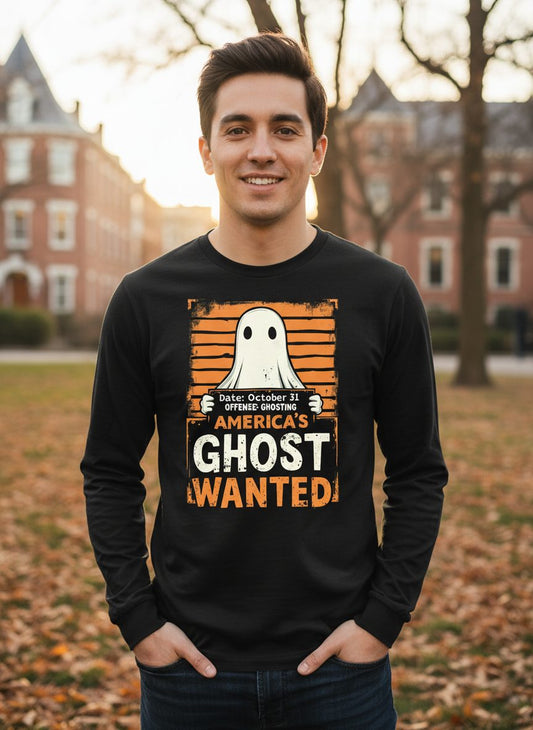 Date October 31 Offense Ghosting America's Ghost Wanted ghost Long Sleeve Tee Black lifestyle mockup