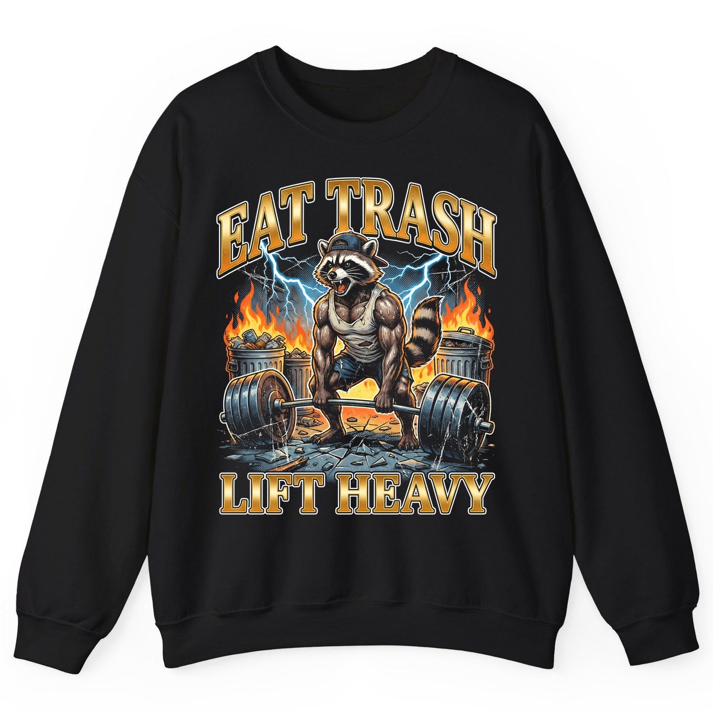 Eat Trash Lift Heavy raccoon Sweatshirt Black product mockup