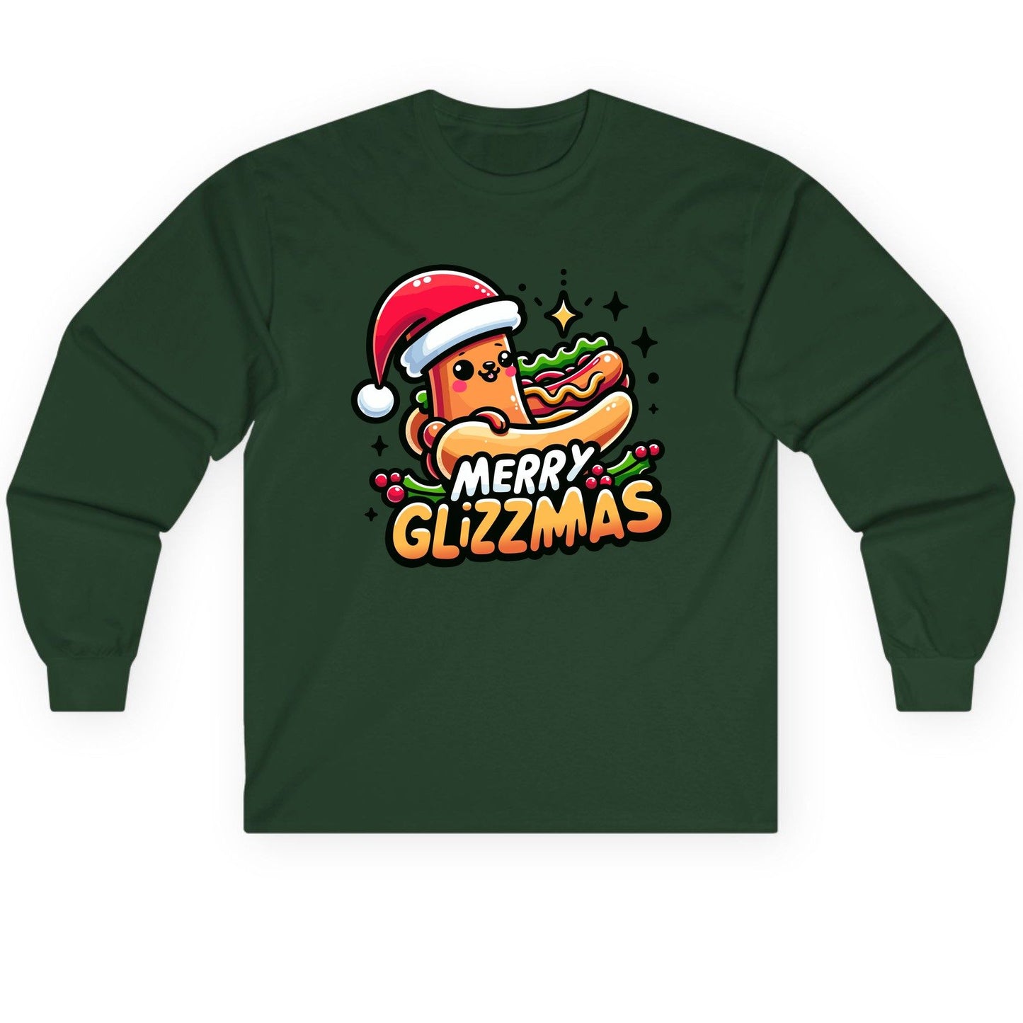Merry Glizzmas hot dog Long Sleeve Tee Forest Green product mockup