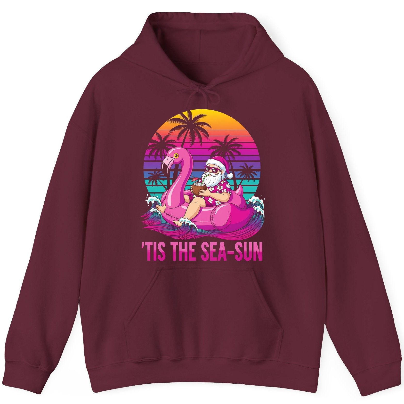 'Tis the Sea-Sun tropical santa claus Hoodie Maroon product mockup