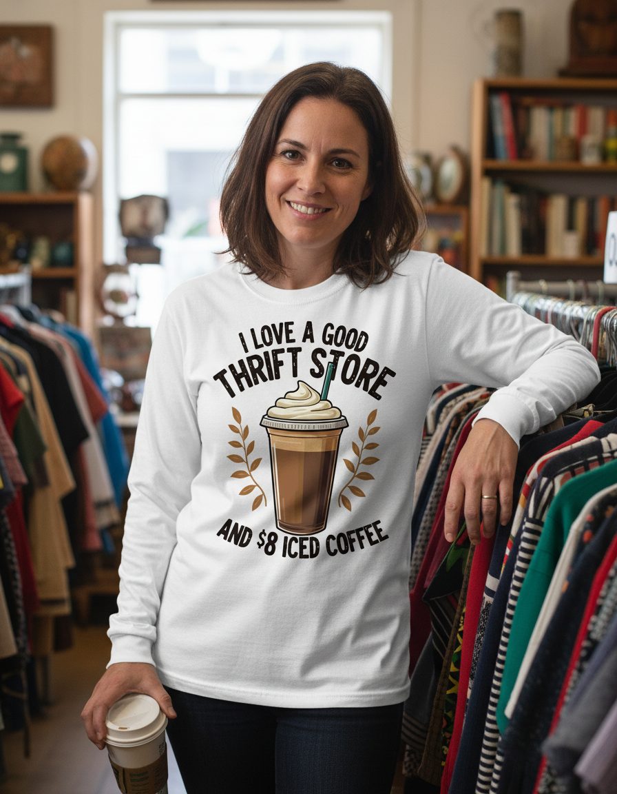 I Love a Good Thrift Store and 8 Iced Coffee coffee and thrifting Long Sleeve Tee White lifestyle mockup