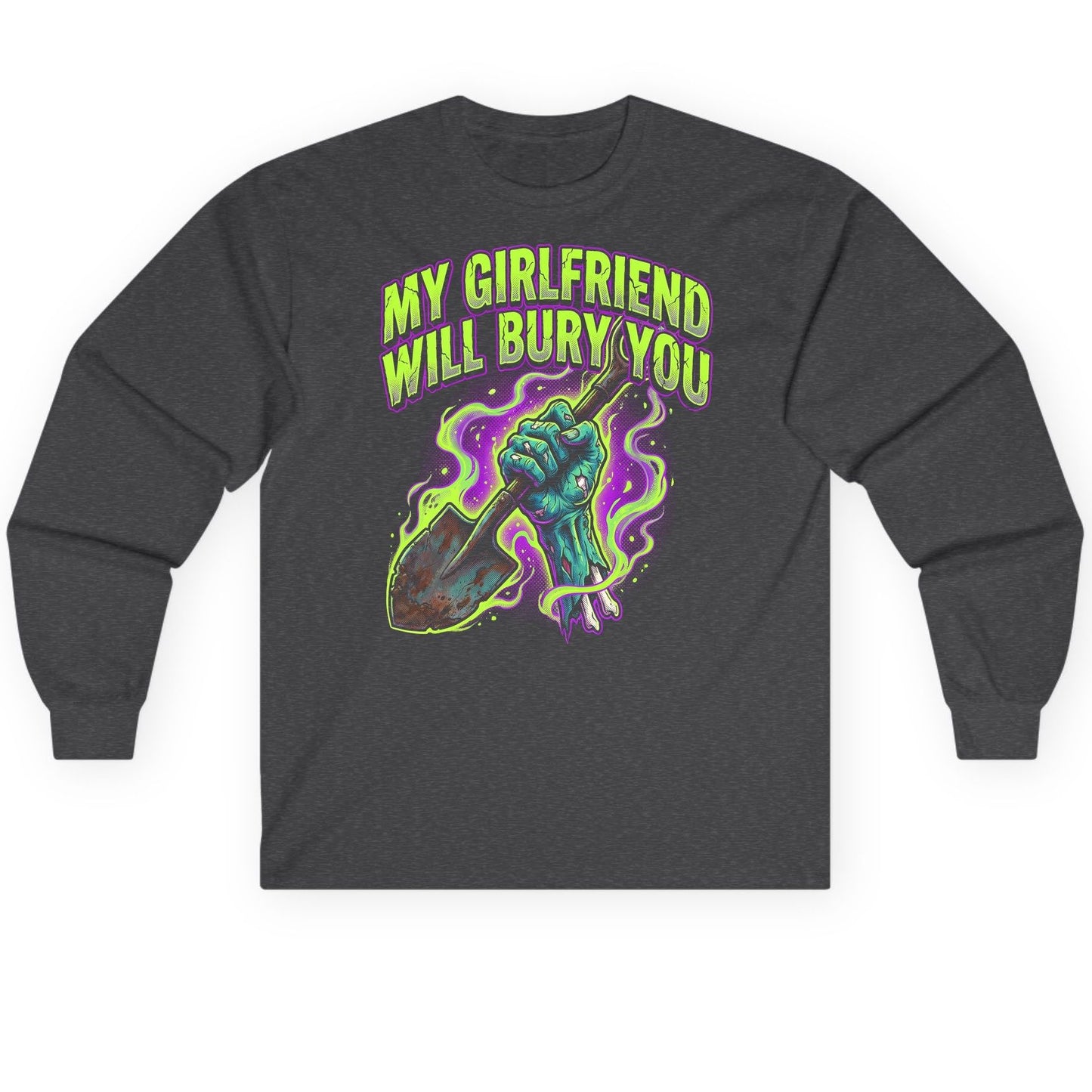 My Girlfriend Will Bury You zombie Long Sleeve Tee Dark Heather product mockup
