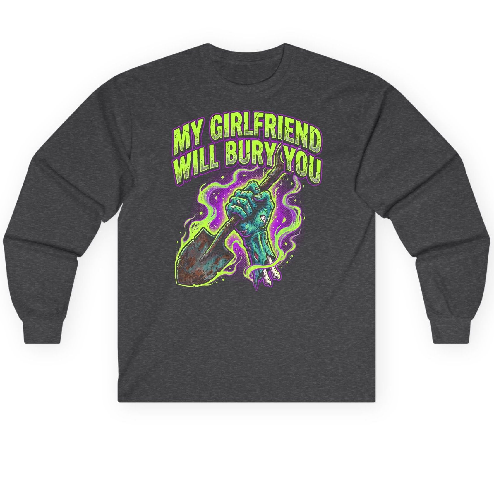 My Girlfriend Will Bury You zombie Long Sleeve Tee Dark Heather product mockup