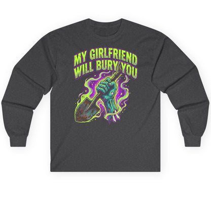 My Girlfriend Will Bury You zombie Long Sleeve Tee Dark Heather product mockup