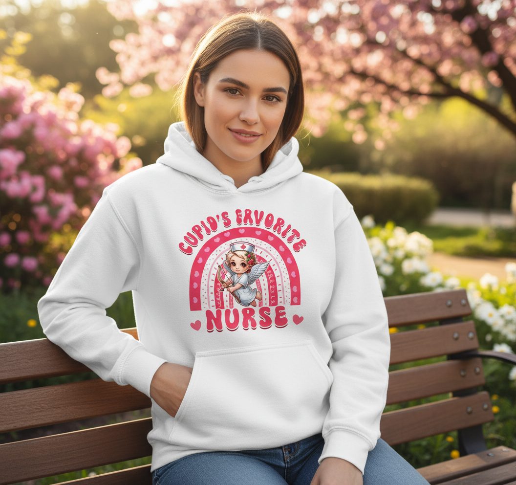 Cupid's Favorite Nurse nurse Hoodie White lifestyle mockup