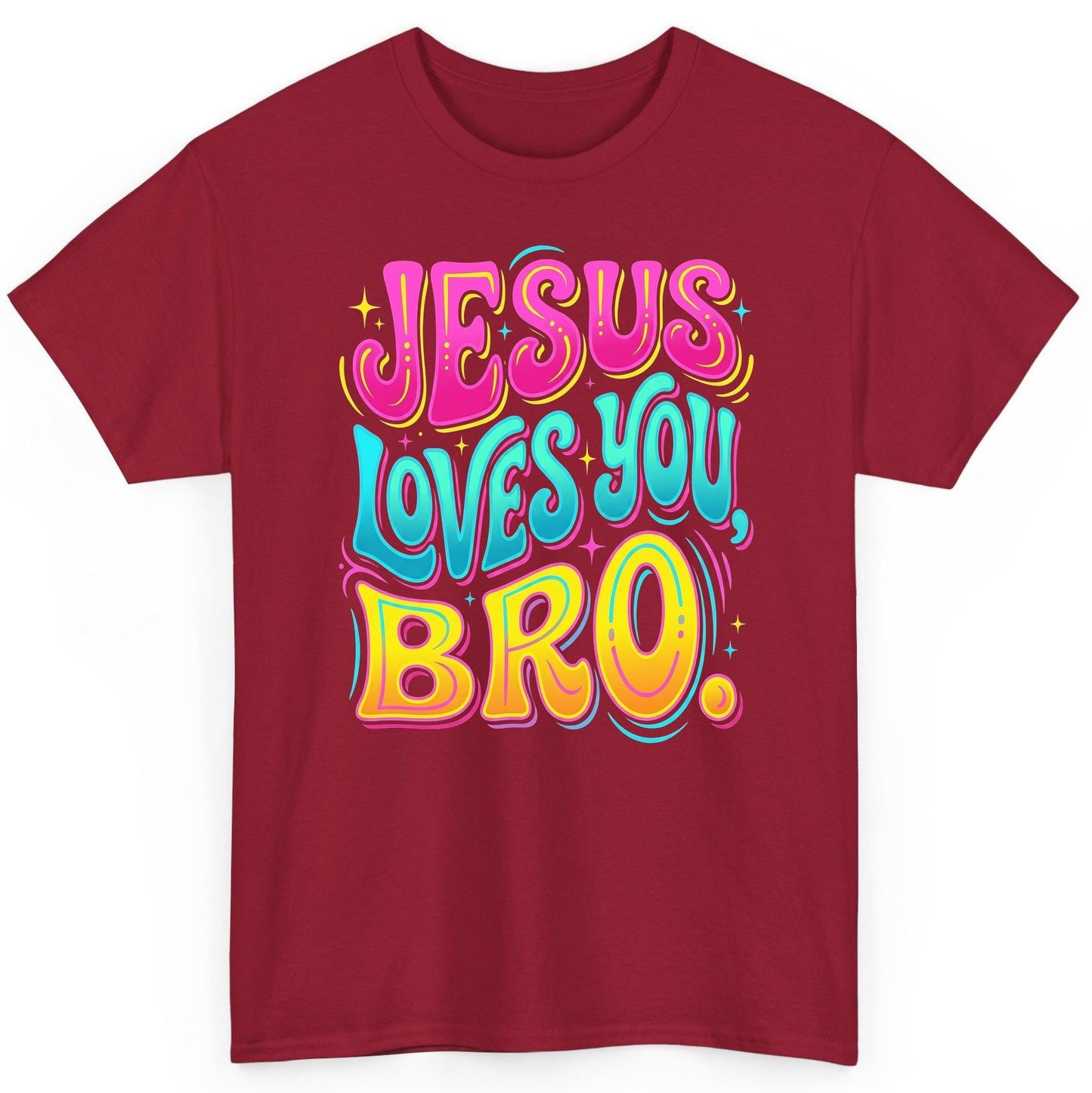 JESUS LOVES YOU BRO Retro Christian T-Shirt - product mockup - Cardinal Red