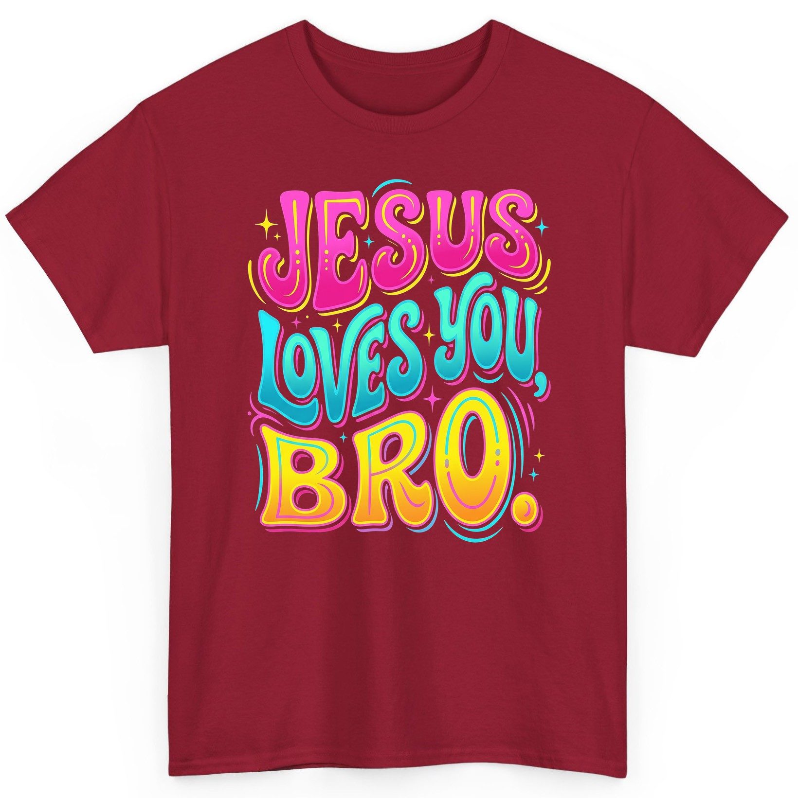 JESUS LOVES YOU BRO Retro Christian T-Shirt - product mockup - Cardinal Red